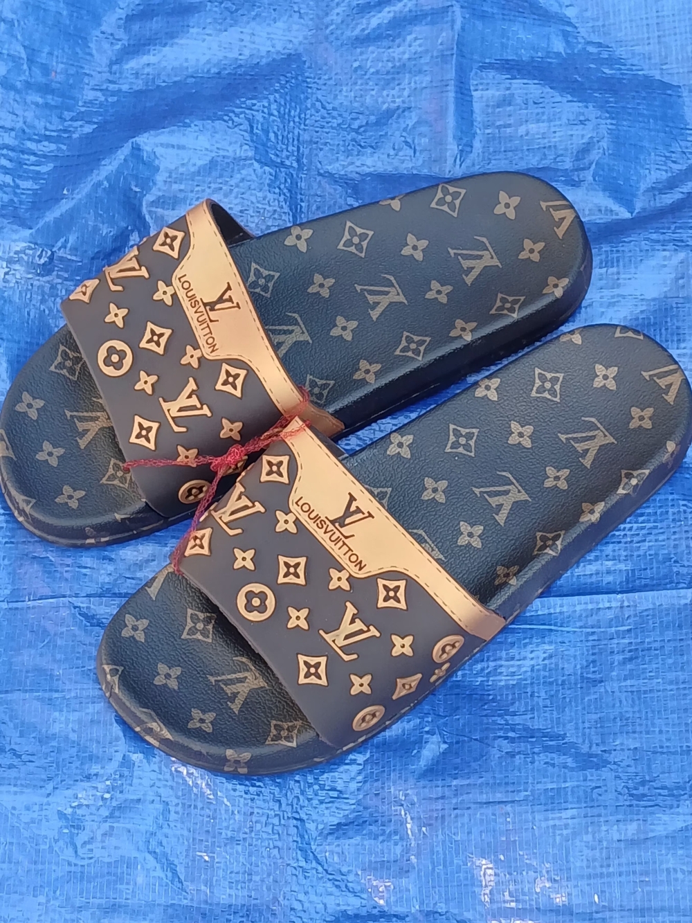 Louis Vuitton Black and Tan Monogram Slide Sandals